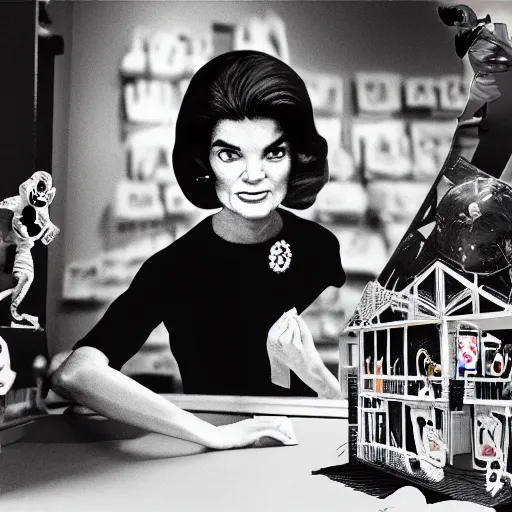 Image similar to jackie kennedy at burning man, activity play centre, stop motion vinyl action figure, plastic, toy, wayne barlowe style