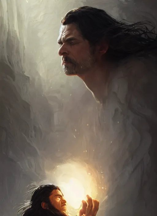 Prompt: side profile of a man with long black hair in brown rags holding a magical orb, fantasy, intricate, sharp focus, lens flare, bloom, illustration, highly detailed, digital painting, concept art, matte, art by ruan jia and wlop and greg rutkowski, masterpiece