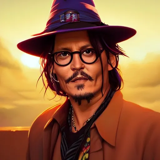 Image similar to johnny depp, sunset, behance hd by jesper ejsing, by rhads, makoto shinkai and lois van baarle, ilya kuvshinov, rossdraws radiating a glowing aura global illumination ray tracing hdr