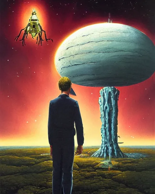 Image similar to a painting of a man standing in front of a giant alien, poster art peter elson and tim white and h. r. van dongen, cgsociety, space art, lovecraftian, cosmic horror, poster art