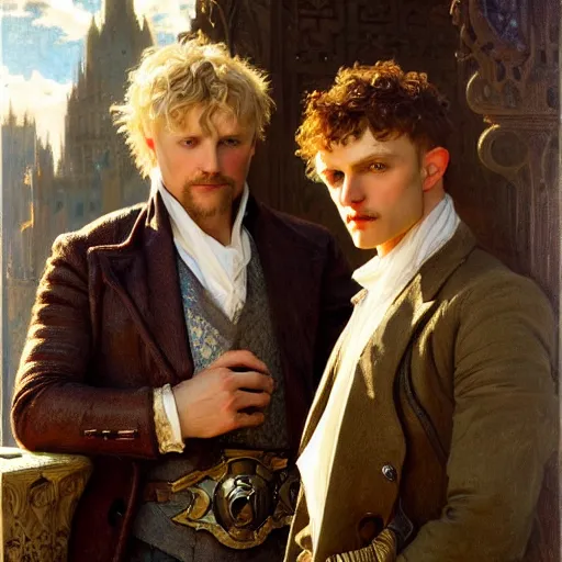 Prompt: manly arthur pendragon and manly merlin. focus on their faces. natural lighting. highly detailed painting by gaston bussiere, j. c. leyendecker, alphonse mucha, greg rutkowski, 8 k