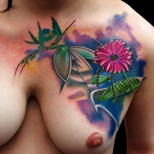 Image similar to an ultra realistic 8 k hdr photo of an award winning healed color tattoo of a hemp bud on a girls chest in japanese style