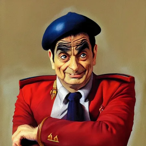 Image similar to ultra realistic painting of mr bean as m. bison from street fighter, art by frank frazetta, 4 k, ultra realistic, highly detailed, epic lighting