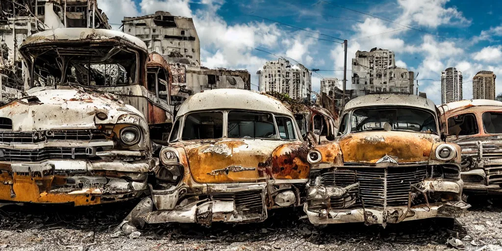 Prompt: fallout 5, photo of dilapidated miami, tropical coastal city, desolate, dilapidated, some rusted retro futuristic vintage parked vehicles like cars, buses, trucks, trams, sunny weather, few clouds, volumetric lighting, photorealistic, daytime, spring, sharp focus, ultra detailed, 4 0 0 0 k, technicolour 1