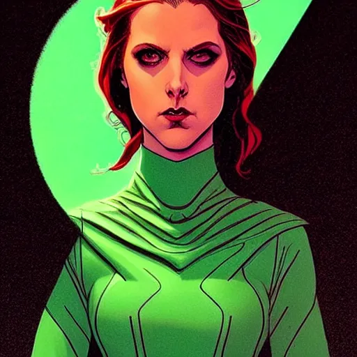 Prompt: Rafeal Albuquerque comic art, Joshua Middleton comic art, cinematics lighting, beautiful Anna Kendrick supervillain, green dress with a black hood, angry, symmetrical face, Symmetrical eyes, full body, flying in the air, night time, red mood in background