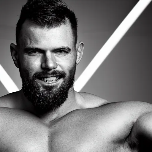 Image similar to grey - scale portrait of a man looking slightly left with a pronounced long square chin with thin face, has thick facial hair, very short black hair, manly face, widely grinning, body builder, large chest muscles, no shirt, dark lighting, dark grey background