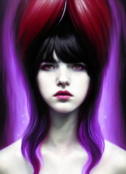 Image similar to portrait of teenage girl, red irises, bangs, black and white hair, white bangs, purple clothes, white bangs, two color hair, black hair and white bangs, intricate, elegant, glowing lights, highly detailed, digital painting, artstation, concept art, smooth, sharp focus, illustration, art by wlop, mars ravelo and greg rutkowski