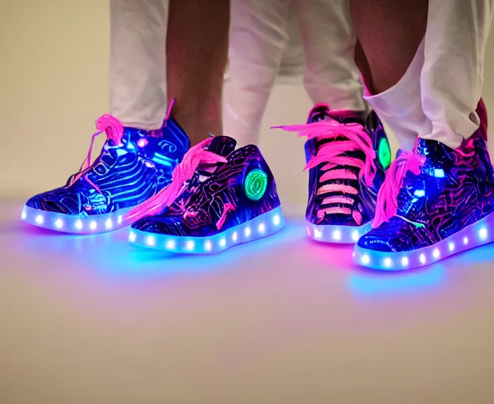 Image similar to generative design sneakers with led skin in the style of cyberdog, product shot, dynamic neon lighting