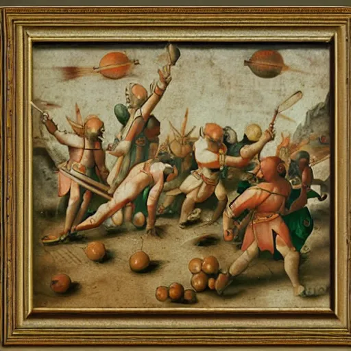 Prompt: epic depiction of fruits going to war. ancient painting, drawn by galileo, highly detailed, hd