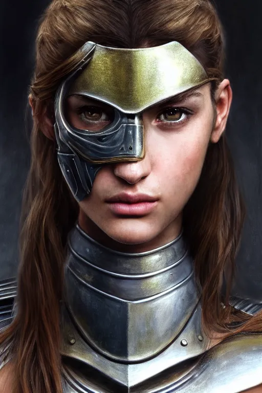 Image similar to a photorealistic painted portrait of an attractive young girl, partially clothed in metal-plated battle armor, olive skin, long dark hair, flawless skin, beautiful bone structure, perfectly symmetric facial features, perfect photorealistic eyes, natural physique, intricate, elegant, digital painting, concept art, finely detailed, beautifully illustrated, sharp focus, minimal artifacts, from Metal Gear, by Ruan Jia and Mandy Jurgens and Artgerm and William-Adolphe Bouguerea, in the style of Greg Rutkowski, trending on Artstation, award winning art