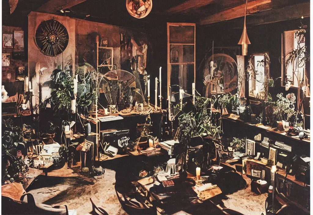 Image similar to 1970s color interior magazine photo of a dark witchcore office with candles, wooden walls with framed occult art with esoteric symbols, and a potted plant, with natural dappled light coming in through a circular window, in an attic