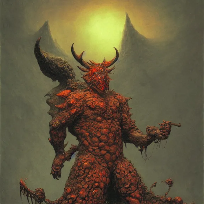 Prompt: horned demon berserker in primitive hellish armor, demon, balrog, beksinski, wayne barlowe