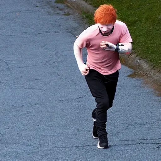 Prompt: ed sheeran holding a guitar and jogging, ultrarealistic