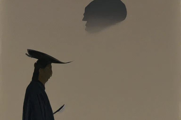 Prompt: samurai in raven - shaped hat artwork by tim eitel