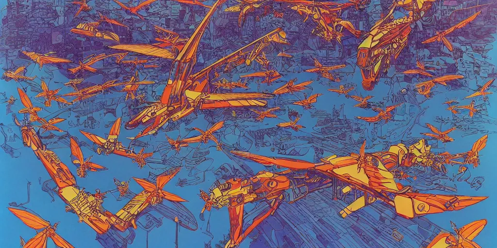 Image similar to gigantic mecha arzach birds with dragonflies, tiny rats, a lot of exotic animals around, big human faces everywhere, helicopters and tremendous birds, risograph drawing by satoshi kon and moebius, matte summer blue colors, surreal psychedelic design, 4 k