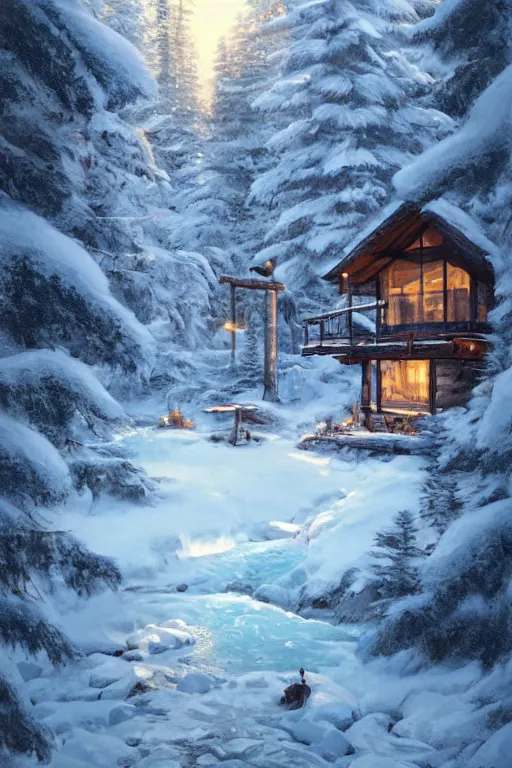 Prompt: snowy cozy lodge by a small river in a forrest in canadian mountains in the evening sun, iceicles, by philippe gare, artstation, greg rutkowski