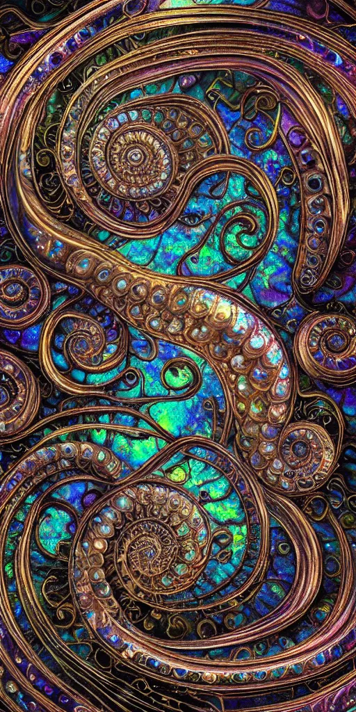 Image similar to art nouveau cresting oil slick waves, ammonite, bubbles in a shiny iridescent oil slick wave, black opals, ornate copper patina art nouveau spiral ornament, rococo, organic rippling spirals, hyperdetailed photorealistic ultrasharp octane render