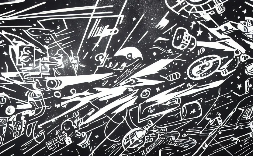 Prompt: mural of space ship battle, laser beams, black and white paint, stencil art, abstract, cyberpunk, painted on a giant wall