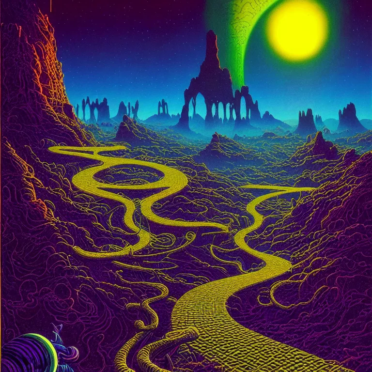 Image similar to astral travel mysterious desert canyon at night, infinite sky, synthwave, bright neon colors, highly detailed, cinematic, tim white, philippe druillet, roger dean, ernst haeckel, lisa frank, michael whelan, kubrick, kimura, isono