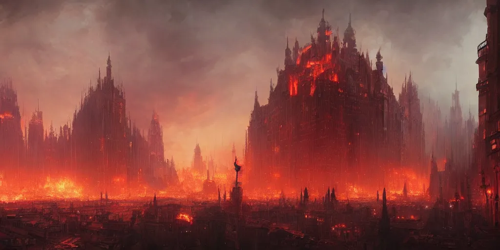 Image similar to A fantasy city completely covered in fire, rising smoke, dark fantasy, nighttime, detailed crimson moon, hyper realistic, by greg rutkowski, trending on artstation