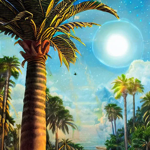 Image similar to a ultradetailed beautiful painting of amazonas by aulo maiskiankski, major arcana mason sparkles sky, and dougherty patrick, trending on artstation, mediterranean, palm trees, light sparkles, major arcana sky, sharp focus, soft light