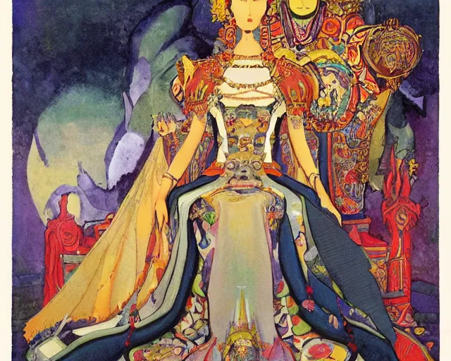 Image similar to an illustration of a queen wearing a dress and a crown, and a veil on a stone throne by nicholas roerich, by gustave moreau, by yoshitaka amano, by katsuhiro otomo, by georgia o keeffe, oil painting