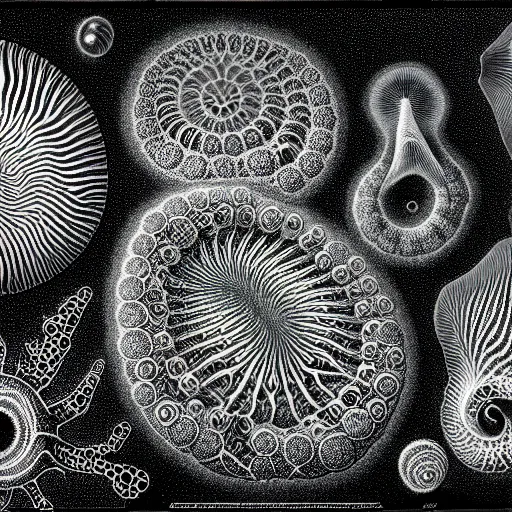 Prompt: a black and white drawing of a variety of sea life and filled with technological space equipment, a microscopic photo by ernst haeckel, zbrush central, kinetic pointillism, bioluminescence, intricate patterns, photoillustration