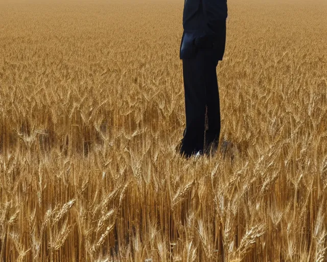 Prompt: extreme long shot of walter white and gustavo fring stand facing each other from a distance in a wheat field, low angle, side view, 8 5 mm photograph, 8 k resolution, wide shot, sharp lens, high detail, cinematic