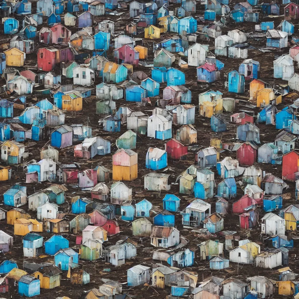 Image similar to towers made up of colourful makeshift squatter shacks, bleached colours, moody cloudy sky, dystopia, mamiya, very detailed, photographed by ansel aams