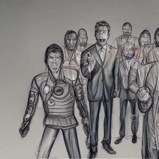 Prompt: highly detailed realistic sketch of UN members in suits yelling at a cyborg samurai, fear and anger in their eyes, colored , award winning , masterpiece on a scroll , post-processing