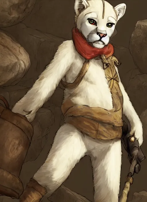 Prompt: character portrait of a anthro!! albino mountain lion wearing miner's clothes at the mines. hidari, color page, tankoban, 4K, tone mapping, Akihiko Yoshida.