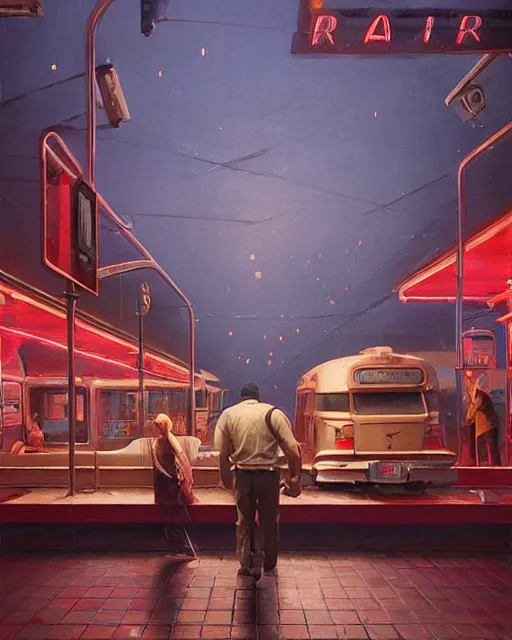 Prompt: a highly detailed epic cinematic concept art CG render digital painting artwork: American diner, night. By Greg Rutkowski, in the style of Francis Bacon and Syd Mead and Norman Rockwell and Beksinski, open ceiling, highly detailed, painted by Francis Bacon and Edward Hopper, painted by James Gilleard, surrealism, airbrush, Ilya Kuvshinov, WLOP, Stanley Artgerm, very coherent, triadic color scheme, art by Takato Yamamoto and James Jean