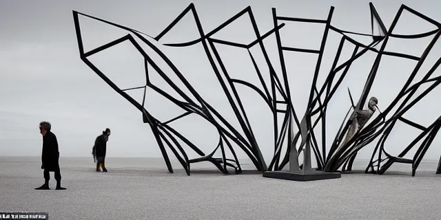 Image similar to To fathom hell or go angelic, just take a pinch of psychedelic. Photograph of a colossal minimalistic sculptural installation collaboration by Anthony Caro and Antony Gormley, reimagined by future artists on a distant planet