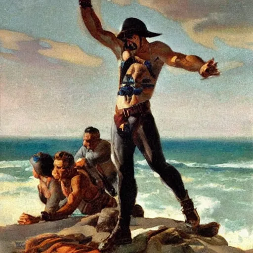 Image similar to stout cortez with eagle eyes stared at the pacific and all his men looked at each other with a wild surmise silent, upon a peak in darien, by jean deville, by dean cornwell,