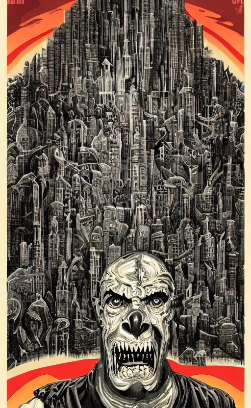 Image similar to cursed with necronomicon horrorcore cel animation poster depicting i don't know, intricate faces, metropolis, 1 9 5 0 s movie poster, post - processing, vector art