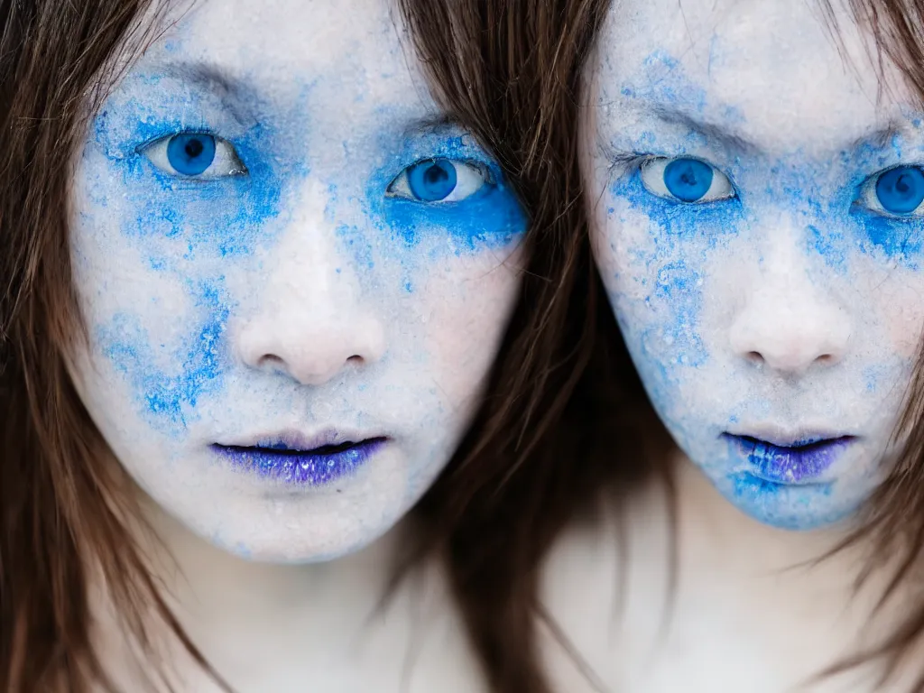 Image similar to the piercing blue eyed stare of yuki onna, freezing blue skin, painted in minimalist watercolor, bokeh, asymmetric, rule of thirds