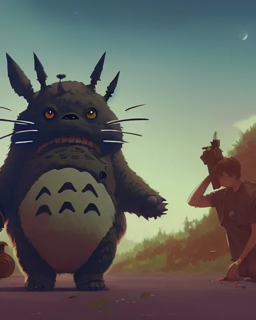 Image similar to highly detailed vfx portrait of totoro as terminator, stephen bliss, unreal engine, greg rutkowski, loish, rhads, beeple, makoto shinkai and lois van baarle, ilya kuvshinov, rossdraws, tom bagshaw, alphonse mucha, global illumination, detailed and intricate environment