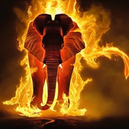 Prompt: flaming demonic elephant with massive tusks. dramatic lighting. epic proportions. high quality. ultimate detail.