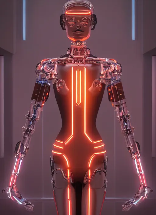 Image similar to photorealistic detailed full body picture of a female cyborg, pretty face, with head arms legs feet and hands, glamour pose, neon lights, humanoid, extreme, uhdr, book called the most influental cyborg in 2 0 5 0, fine details, highly detailed, intricate, smooth sharp focus, symmetrical features, environmental portrait, realistic render