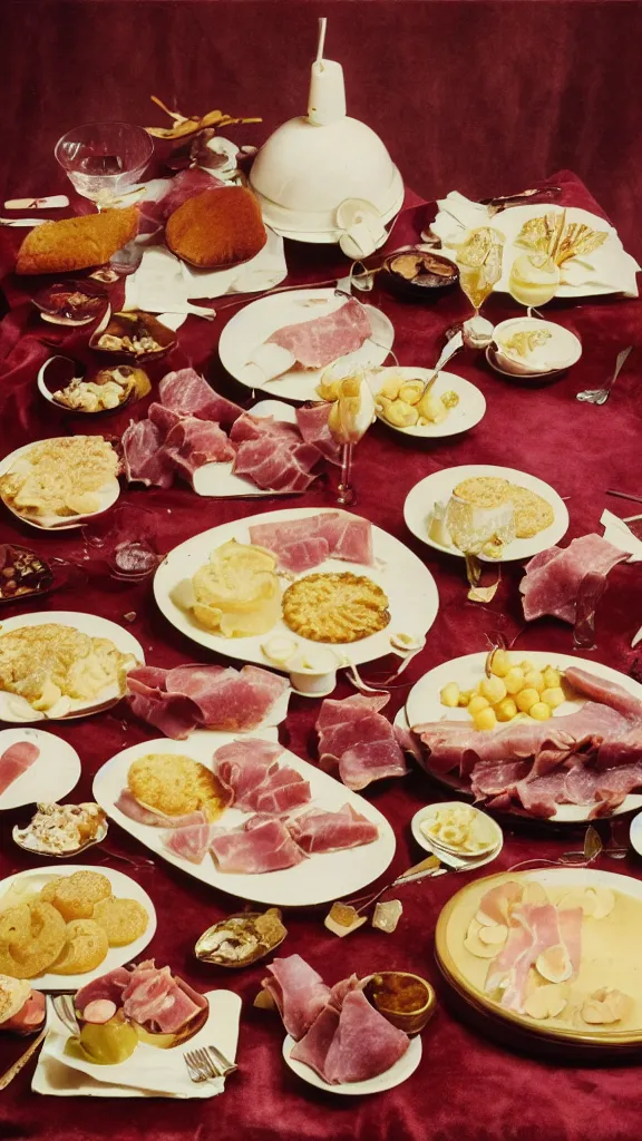 Prompt: vintage 7 0 s food photography of an opulent spread of ham fondue, on a velvet table cloth, dramatic diffused lighting