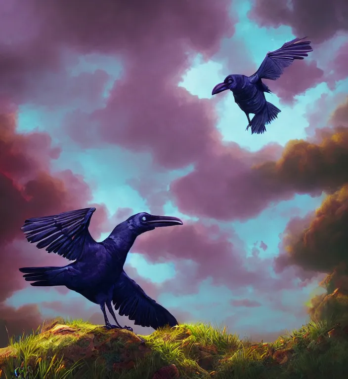 Image similar to raven bird, puma puffy clouds, james jean style, vfx art, unreal engine render, claymation style, colourful, volumetric light, digital painting, digital illustration, dramatic light,