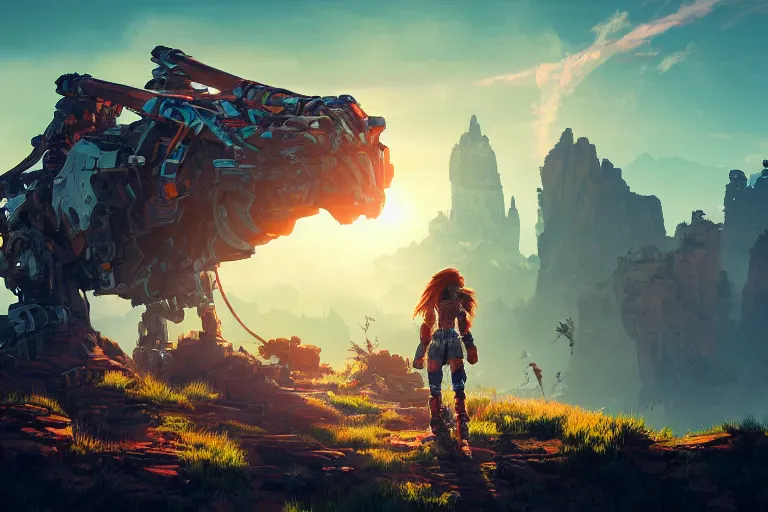 Image similar to rockbreaker machine mecanical creature robot of horizon forbidden west horizon zero dawn radiating a glowing aura global illumination ray tracing hdr fanart arstation by ian pesty and alena aenami artworks in 4 k