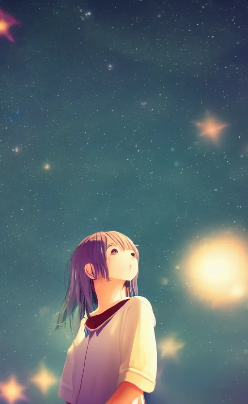 Image similar to Centred shot of anime girl looking up at the stars, bokeh background, ultra detailed, 8K