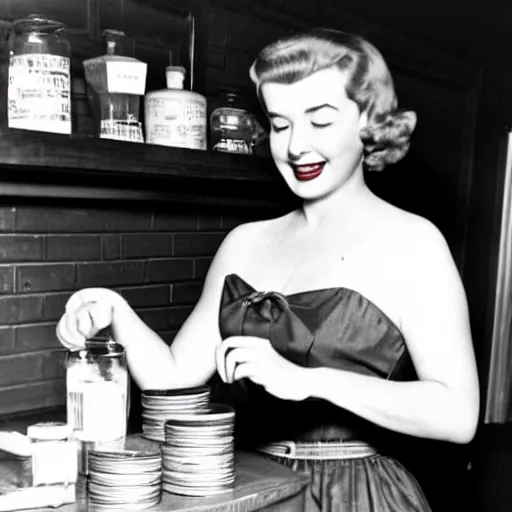 Image similar to a vintage photograph of a 1 9 5 0 s house wife washing dollar bills with detergent