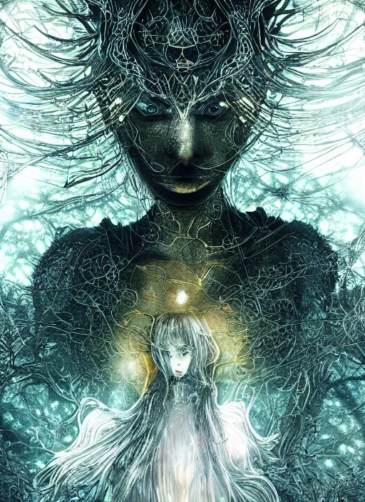 Image similar to glowing silver and golden elements, full close-up portrait, A beautiful dark witch in front of the full big moon, book cover, green forest, red white black colors, establishing shot, extremly high detail, foto realistic, cinematic lighting, pen and ink, intricate line drawings, by Yoshitaka Amano, Ruan Jia, Kentaro Miura, Artgerm, post processed, concept art, artstation, matte painting, style by eddie, raphael lacoste, alex ross