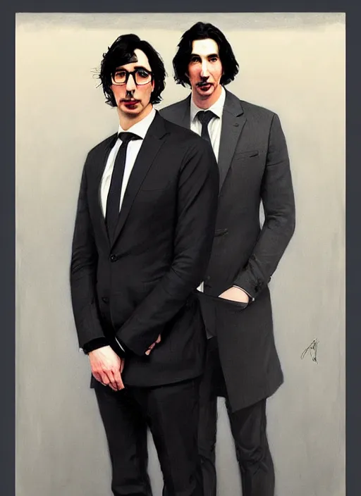 Image similar to painting of both john oliver and adam driver together, john oliver in front, full body, elegant, beautiful, highly detailed, centered, dark, smokey, digital painting, concept art, smooth, sharp focus, illustration, deviant art, art by artgerm, art by greg rutkowski, art by alphonse mucha