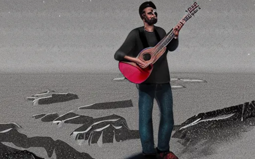 Prompt: A man holding a guitar while standing on the edge of a cliff overlooking the ocean, digital art, wide shot, hi res, 4k