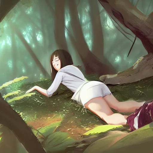 Image similar to a girl sleeping in a forest, she is laying down. in the style of rossdraws, wlop, greg rutkowski, ghibli