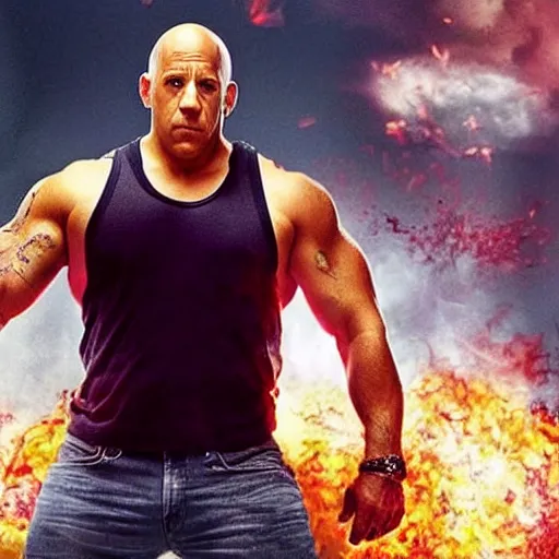 Prompt: Spectacular action scene from Mr. Clean with Mr. Clean played by Vin Diesel. Vin Diesel wears a white tank top and attempts to clean the floor with javel despite multiple explosions and shots. Cinematic, technicolor, crisped colors, highly intricate