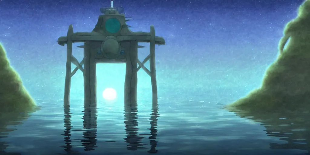 Image similar to a cell - shaded studio ghibli concept art study of a portal in the air over a flooded desert on a misty starry night. a waterfall is flowing out of the portal. very dull colors, hd, 4 k, hq